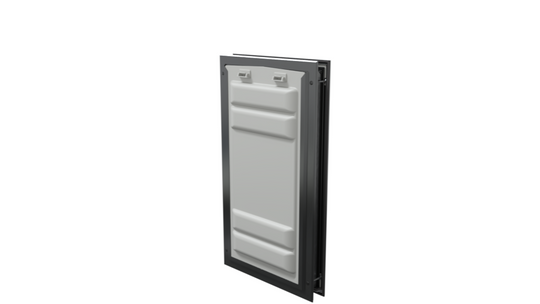Locked black Endura Flap XL pet door, angled secure view.