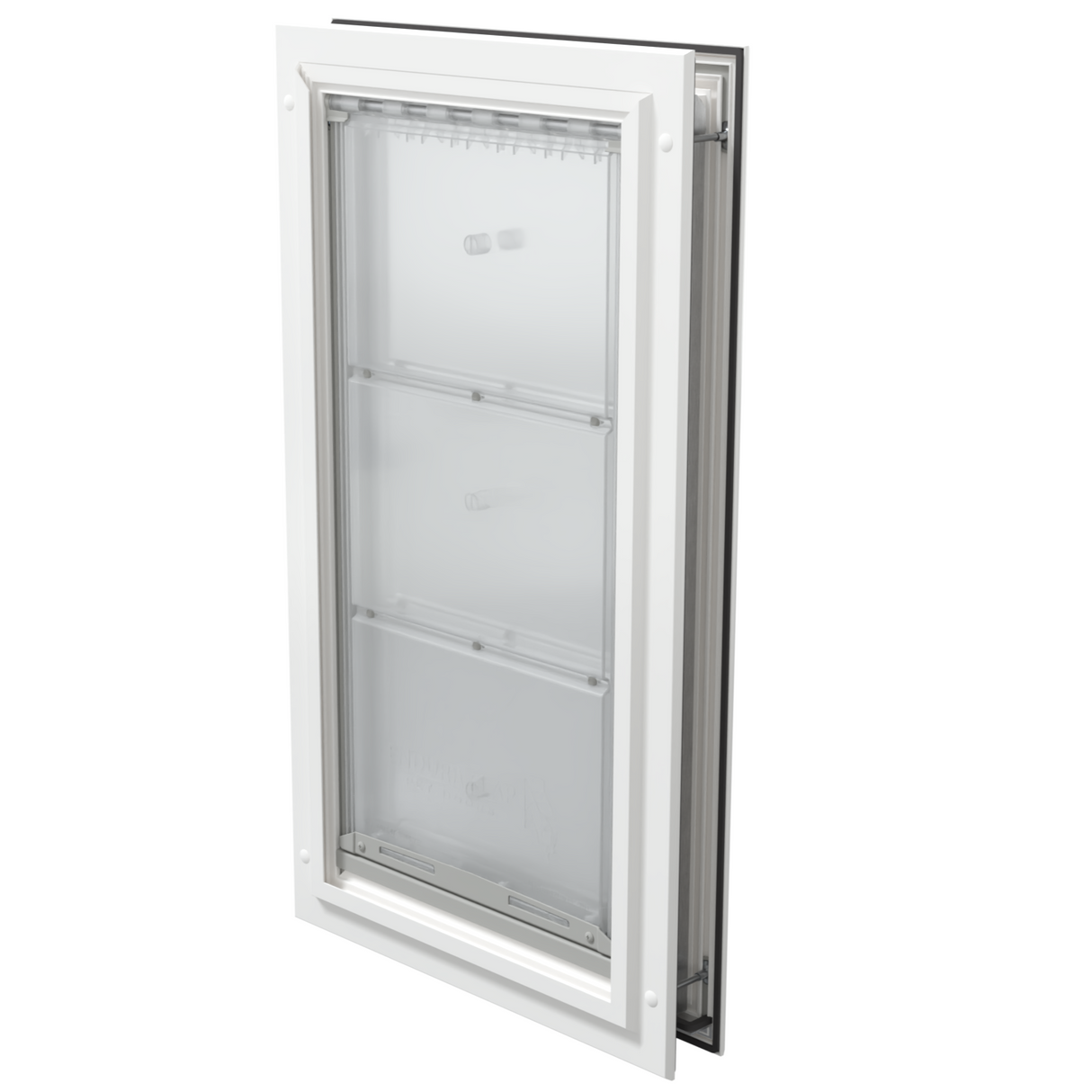 Closed white Endura Flap extra large dog door, angled.