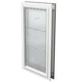 Closed white Endura Flap extra large dog door, angled.