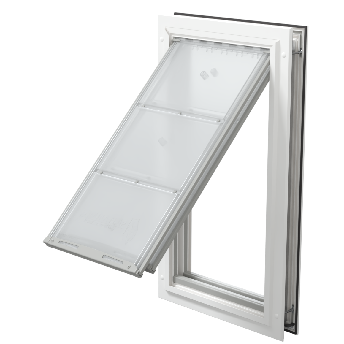 Open white Endura Flap extra large pet door, angled.
