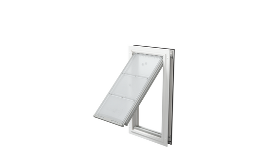 Open white Endura Flap extra large pet door, angled.