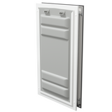 Locked white Endura Flap XL pet door, angled secure view.