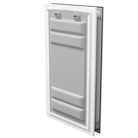 Locked white Endura Flap XL pet door, angled secure view.