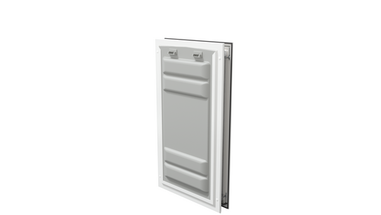 Locked white Endura Flap XL pet door, angled secure view.