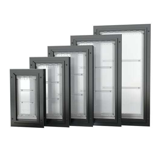 Endura Flap Pet Doors for doors and walls with varying sizes, a collage of black frame pet doors