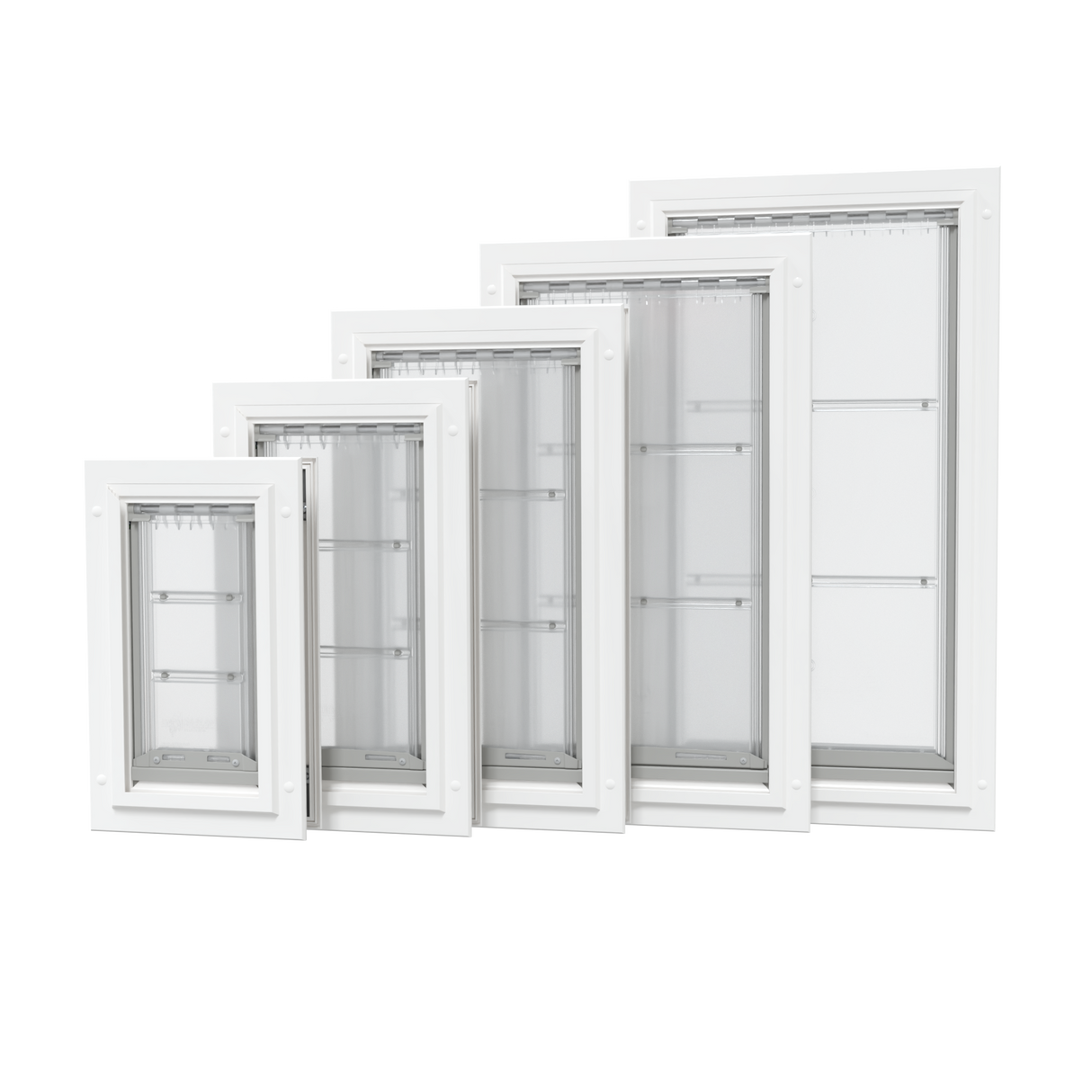 Endura Flap Pet Doors for doors and walls with varying sizes, a collage of white frame pet doors