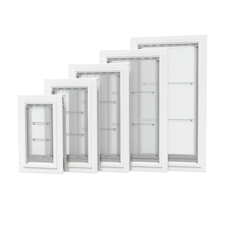 Endura Flap Pet Doors for doors and walls with varying sizes, a collage of white frame pet doors