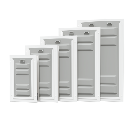 Endura Flap Pet Doors for doors and walls with varying sizes, white frame pet doors with security covers in place