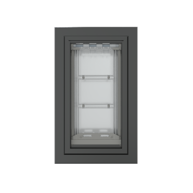 Front view of a black, double flap Endura Flap dog door for wall. Consider this insulated dog door for energy efficiency.