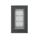 Front view of a black, double flap Endura Flap dog door for wall. Consider this insulated dog door for energy efficiency.