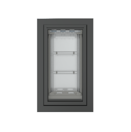 Front view of a black, double flap Endura Flap dog door for wall. Consider this insulated dog door for energy efficiency.