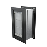 Angled view of a closed, black endura flap pet door for wall. This energy-efficient endura flap dog door is a top choice among dog doors for walls.