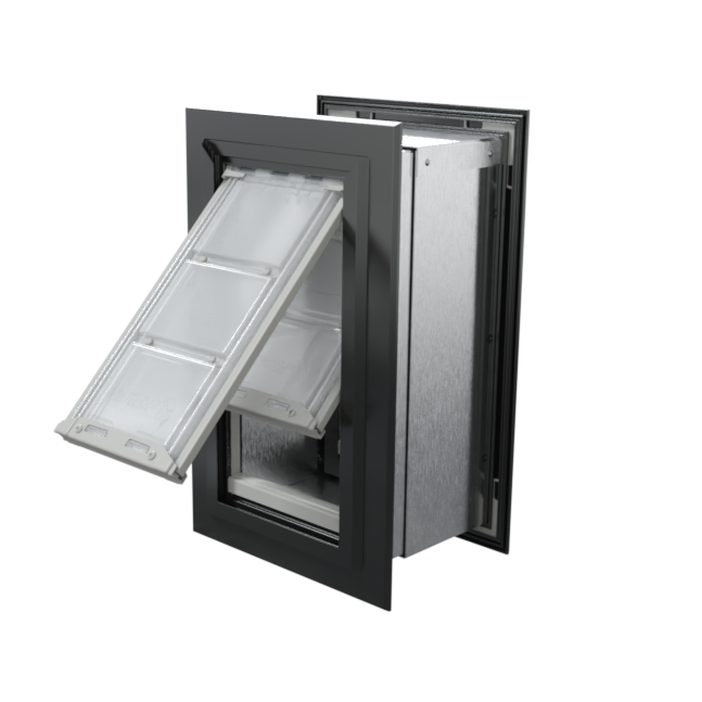 Angled view of an open, black Endura Flap double flap wall mount pet door. This extreme weather dog door for wall provides excellent insulation.