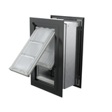 Angled view of an open, black Endura Flap double flap wall mount pet door. This extreme weather dog door for wall provides excellent insulation.