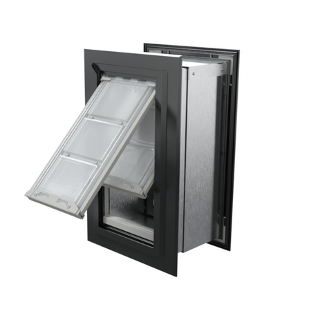 Angled view of an open, black Endura Flap double flap wall mount pet door. This extreme weather dog door for wall provides excellent insulation.