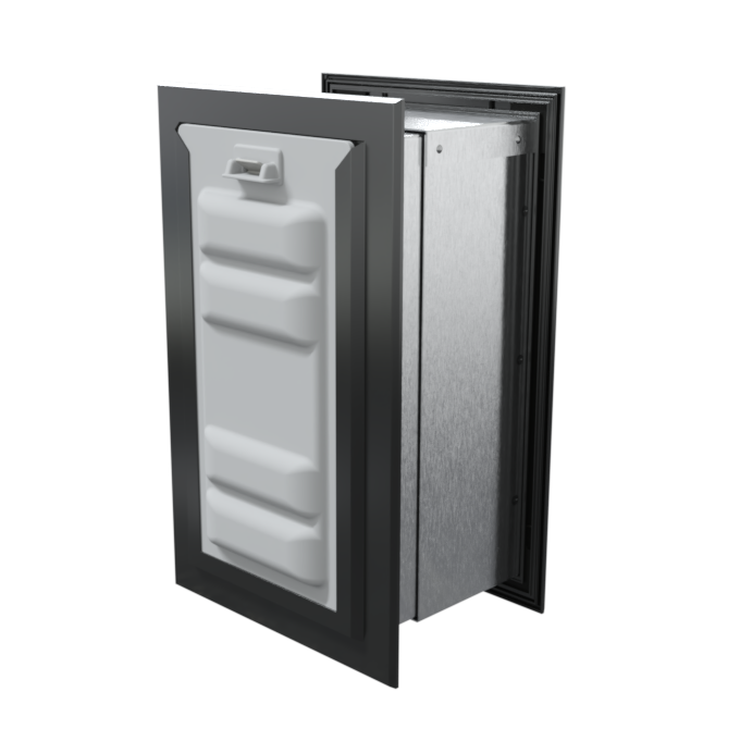 Angled view of a black endura flap pet door for wall with a locking cover. This secure wall dog door is a best pet door option.