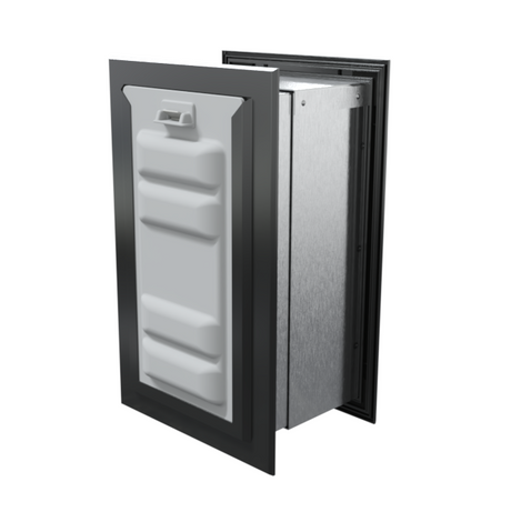 Angled view of a black endura flap pet door for wall with a locking cover. This secure wall dog door is a best pet door option.