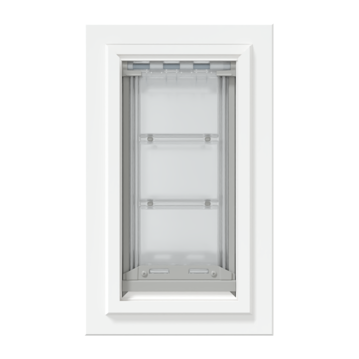 Front view of a white, double flap Endura Flap dog door for wall. Consider this insulated dog door for energy efficiency.
