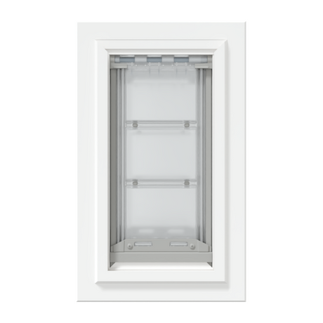 Front view of a white, double flap Endura Flap dog door for wall. Consider this insulated dog door for energy efficiency.