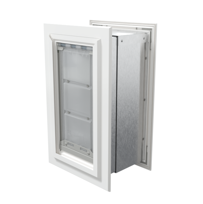 Angled view of a closed, white endura flap pet door for wall. This energy-efficient endura flap dog door is a top choice among dog doors for walls.