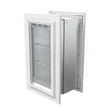 Angled view of a closed, white endura flap pet door for wall. This energy-efficient endura flap dog door is a top choice among dog doors for walls.