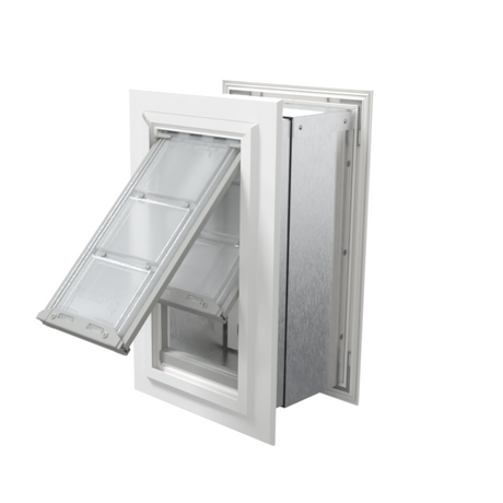 Angled view of an open, white Endura Flap single flap in wall dog door. This dog door in wall is a convenient pet door for wall