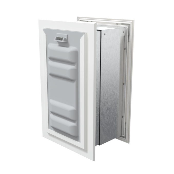Angled view of a white endura flap pet door for wall with a locking cover. This secure wall dog door is a best pet door option.