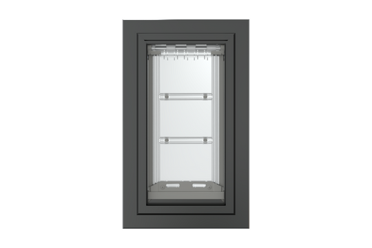 Front view of a black, single flap Endura Flap dog door for wall. Find the best dog doors for your home, like this durable wall dog door.