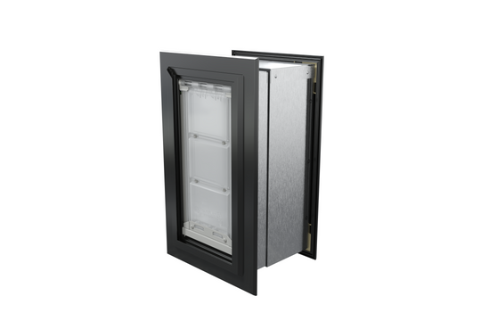Angled view of a closed, black Endura Flap single flap in wall dog door. This energy-efficient endura flap dog door is a top choice for secure dog doors for walls.
