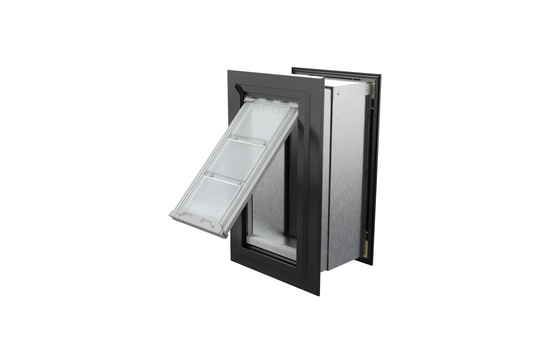 Angled view of an open, black Endura Flap single flap in wall dog door. This dog door in wall is a convenient pet door for wall.