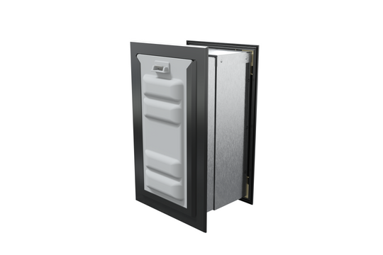 Angled view of a black endura flap pet door for wall with the locking cover. This secure wall dog door provides added safety for your pet door.
