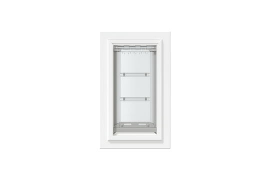 Front view of a white, single flap Endura Flap dog door for wall. Looking for dog doors for walls? Consider this reliable option.