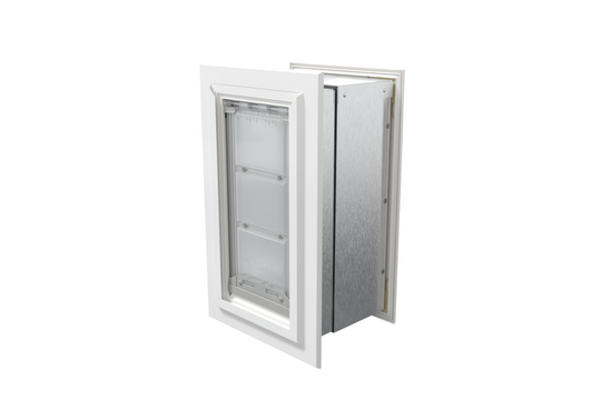 Angled view of a closed, white Endura Flap single flap in wall pet door. This energy-efficient endura flap is great for dog doors.