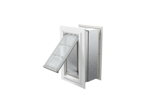 Angled view of an open, white Endura Flap single flap in wall dog door. This dog door in wall is a convenient pet door for wall