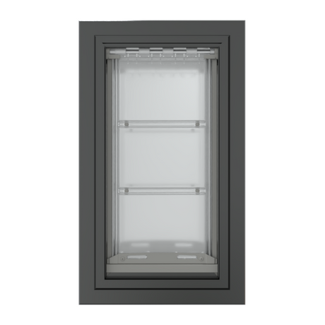 Front view of a black, double flap Endura Flap dog door for wall. Consider this insulated dog door for excellent energy savings.