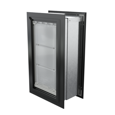 Angled view of a closed, black endura flap pet door for wall. This energy-efficient endura flap dog door is a top choice among dog doors for walls.