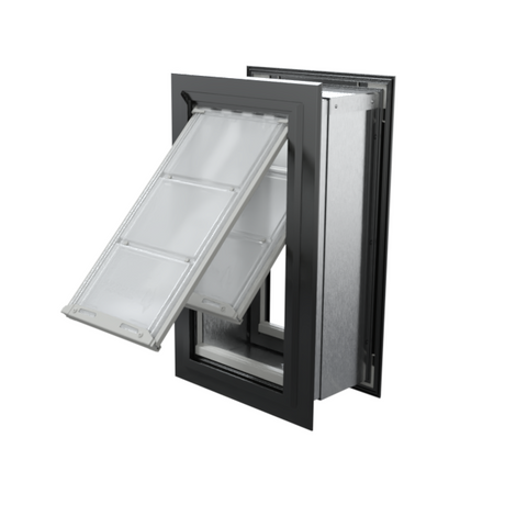 Angled view of an open, black Endura Flap double flap wall mount pet door. This through wall dog door is perfect for maintaining indoor climate.