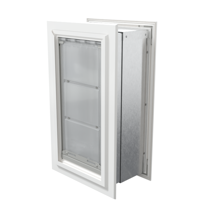 Angled view of a closed, white Endura Flap double flap wall mount pet door. This insulated dog door for wall is among the best dog doors for walls for energy efficiency.