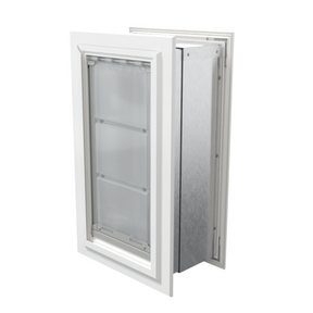 Angled view of a closed, white Endura Flap double flap wall mount pet door. This insulated dog door for wall is among the best dog doors for walls for energy efficiency.