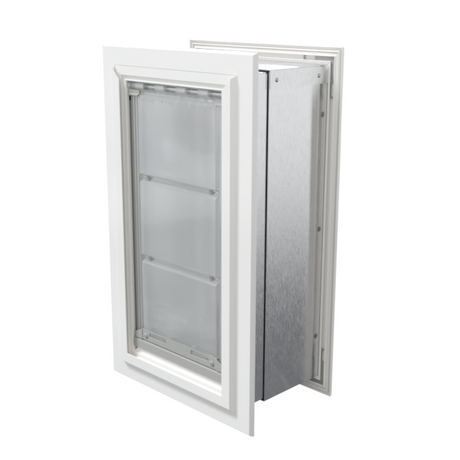 Angled view of a closed, white Endura Flap double flap wall mount pet door. This insulated dog door for wall is among the best dog doors for walls for energy efficiency.