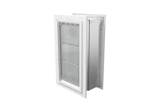Angled view of a closed, white Endura Flap double flap wall mount pet door. This insulated dog door for wall is among the best dog doors for walls for energy efficiency.