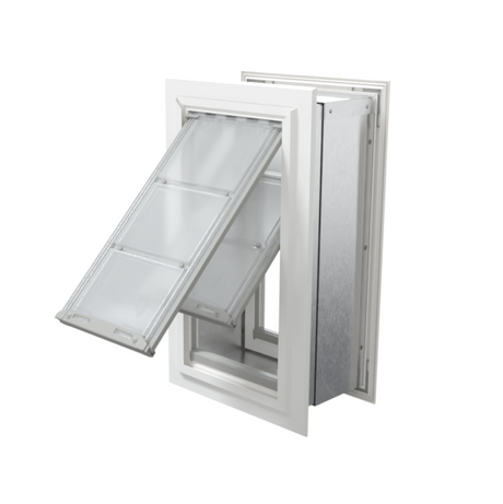 Angled view of an open, white Endura Flap double flap wall mount pet door. This large dog door for wall offers great insulation.