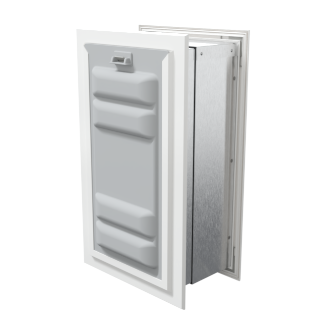 Angled view of a white endura flap pet door for wall with a locking cover. This secure wall dog door is a best pet door option.