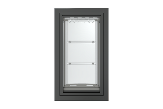 Front view of a black, single flap Endura Flap dog door for wall. This durable wall doggy door is a great option for your pet door.