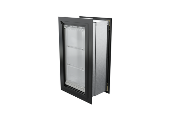 Angled view of a closed, black Endura Flap single flap in wall pet door. This energy-efficient endura flap is great for dog doors.