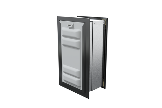 Angled view of a black endura flap pet door for wall with the locking cover. This secure wall dog door is a best dog door choice.