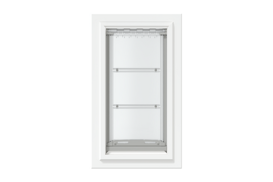 Front view of a white, single flap Endura Flap dog door for wall. Looking for dog doors for walls? Consider this reliable wall dog door.