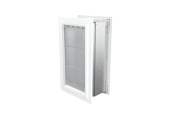 Angled view of a closed, white Endura Flap single flap in wall pet door. This energy-efficient endura flap is great for dog doors.