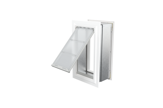 Angled view of an open, white Endura Flap single flap in wall dog door. This dog door in wall is a convenient pet door for wall.