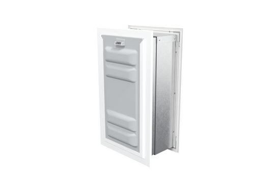 Angled view of a white endura flap pet door for wall with the locking cover. This secure wall dog door is a best dog door choice.